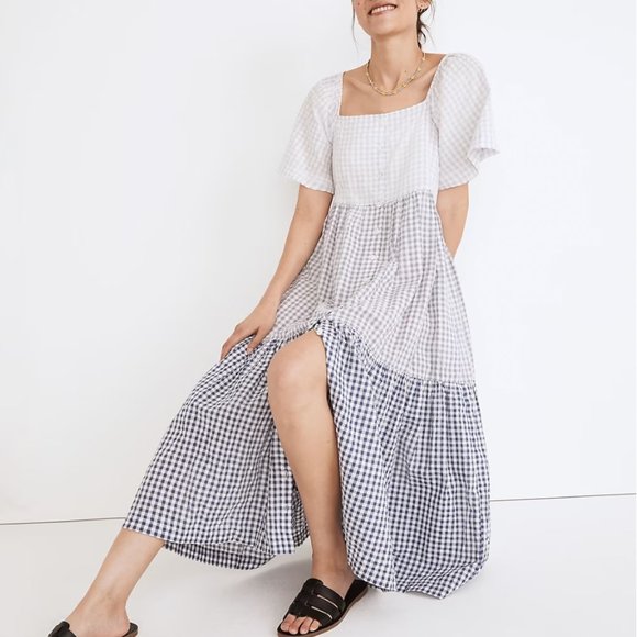 Madewell Dresses & Skirts - Madewell Patchwork Gingham Button Front Tiered Midi Dress Women's